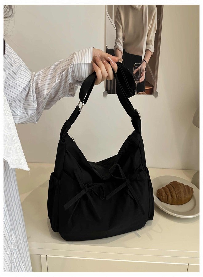 Winatehr black bow messenger bag for women, multi pocket nylon crossbody bags, cute y2k kawaii large shoulder bag, coquette college aesthetic trendy everyday purse - Image 4